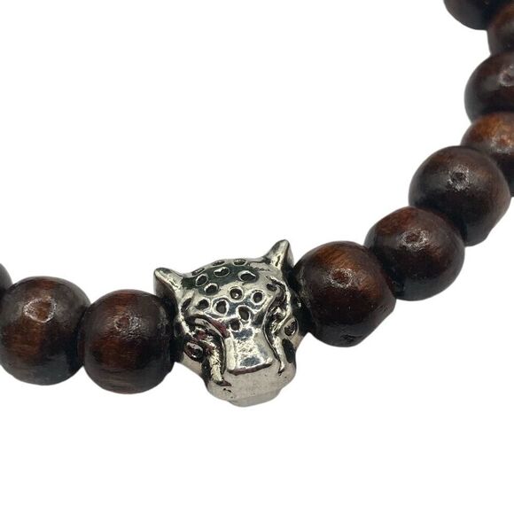 Leopard charm wooden bead stretch bracelet - Picture 2 of 5